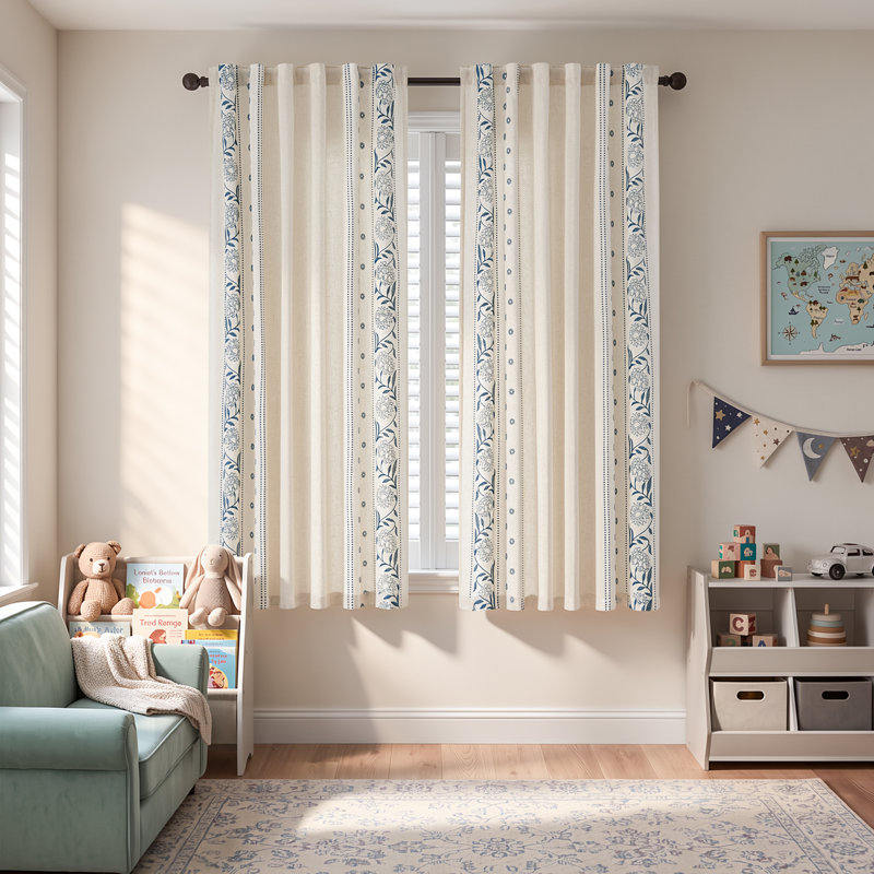 Rideaux en lin semi-transparents brodés à motif floral, Bleu, L 50 po x L 63 po