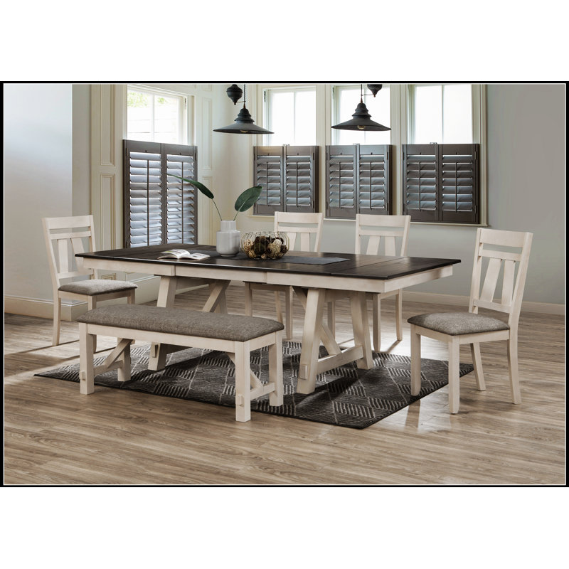 Ensemble de table de salle à manger extensible de style chalet 7 pièces avec finition bicolore gris craie, chaises rembourrées et fabrication en bois massif