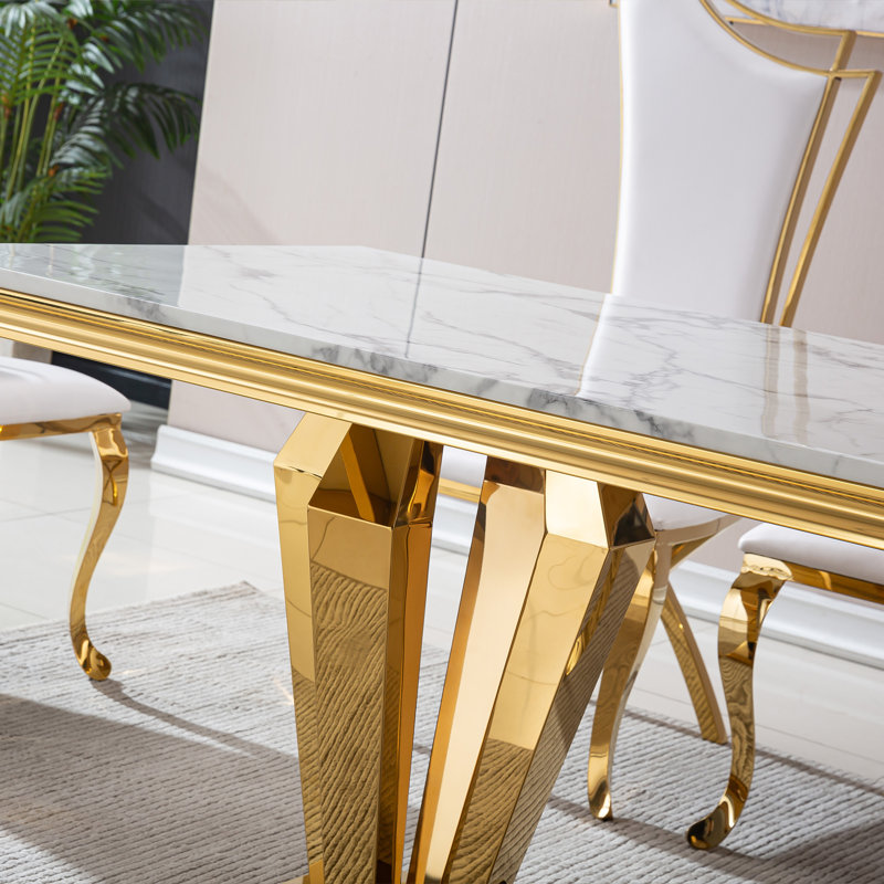 Leeanna Faux Marble Top Metal Base Dining Table, White, Gold