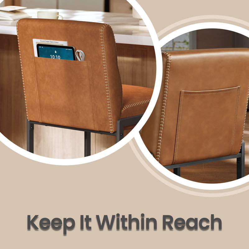 Chaises de bar 26,4 pouces avec coutures, similicuir, brun, Brun caramel