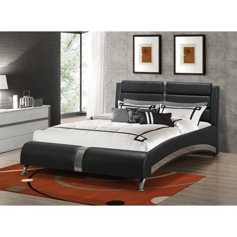 Black Vegan Leather Queen Sleigh Bed with Upholstered Headboard