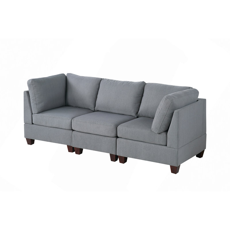 Canapé modulaire, ensemble modulaire gris, tissu d'aspect lin, structure en bois, sans accoudoirs et repose-pieds