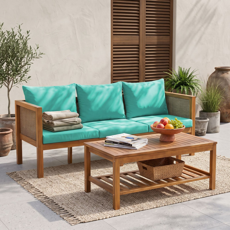 Ensemble de patio pour l'extérieur avec table basse et coussins, Bois naturel vert