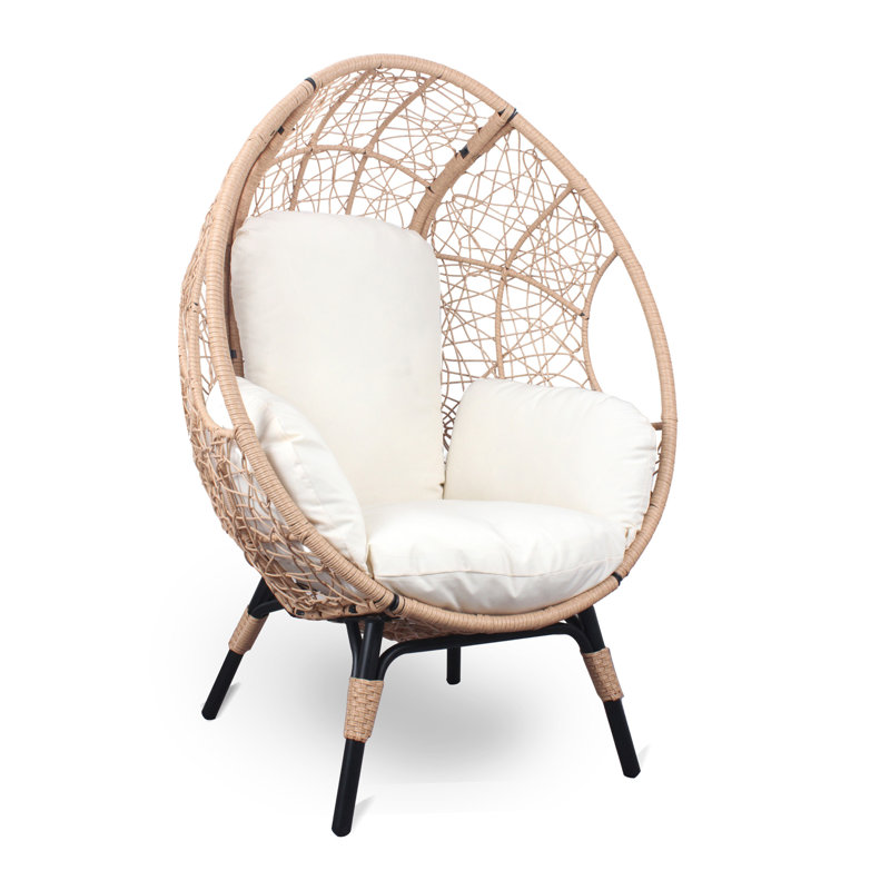 Chaise de patio en osier PE, modèle 3 avec coussin en rotin de couleur naturelle beige, Naturel / Blanc