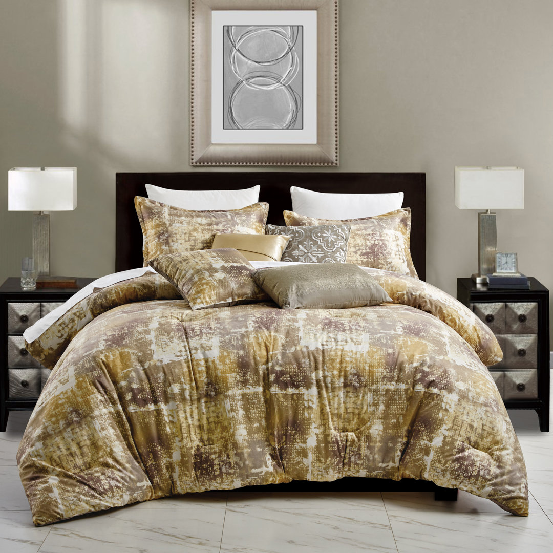 7 Piece Gold Yellow Taupe Brown Queen Comforter Set Luxury Royal Velvet Bedding With Pillow Shams And Decorative Pillows-Nish World Products Mart 