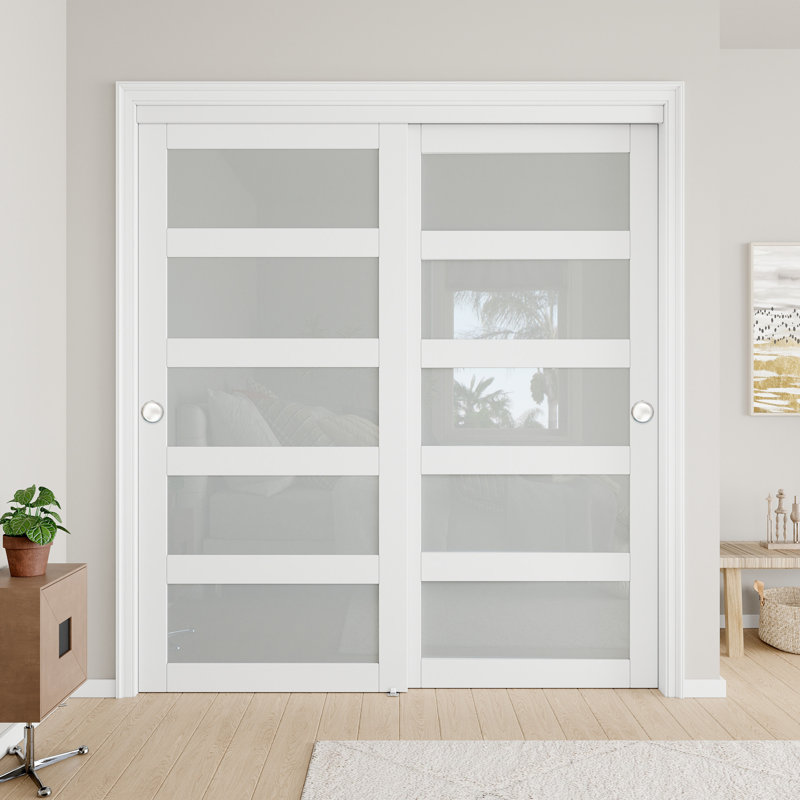 Porte coulissante en verre givré 72 po x 80 po en blanc avec ensemble de quincaillerie d'installation et porte coulissante 