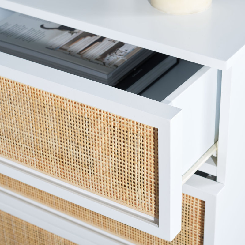 Prudhoe 54'' W 6 - Drawer Dresser, Gold/White With Natural Rattan