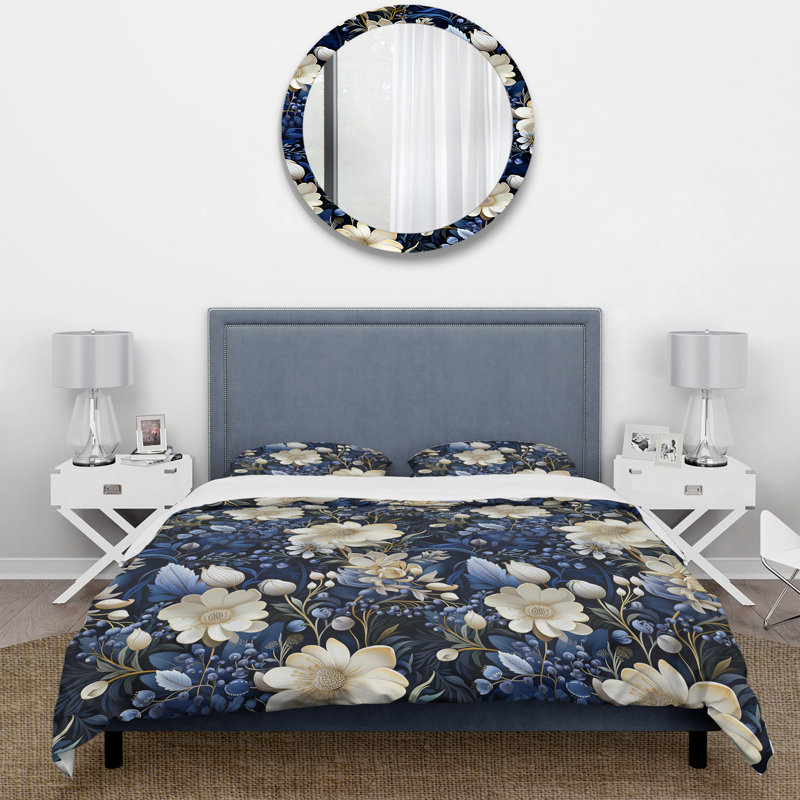 Deep Indigo Moonlit Flowers - Botanical Duvet Cover Set, Housse de couette simple + 1 taie décorative stan