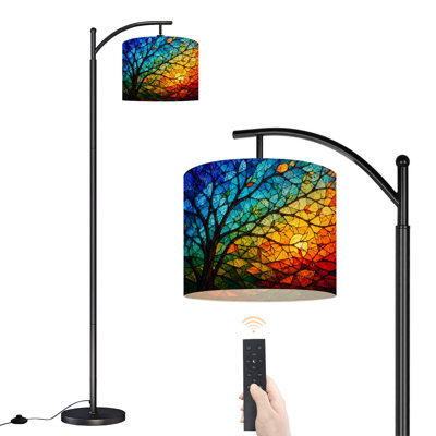 PeeNoke Arc Floor Lamp Vibrant Stained Glass Print Tree Design Abstract Colorful Mosaic Tall Modern Standing Lamp LED Adjustable Linen Lampshade 3 Color Temperatures