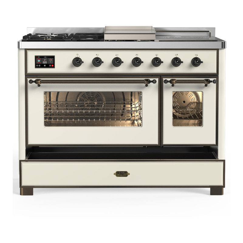 ILVE Majestic III Series 48 in. Dual Fuel Range with 5 Sealed Burners, Griddle, Frenchtop (Liquid Propane, Glass Door)