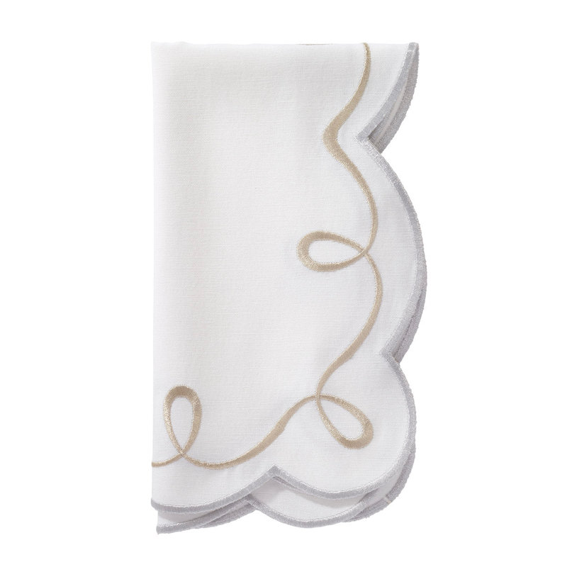 Ribbon Twirl Cotton Blend Scalloped Napkins, Gold/Silver