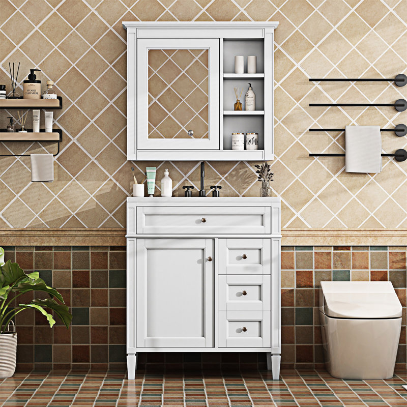 Meuble-lavabo autoportant avec lavabo et miroir, Blanc