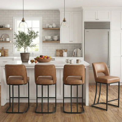Modern Counter Height Barstools with Cutout Back, Comfy Faux Leather Kitchen Island Stool with Metal Frame, Set of 4