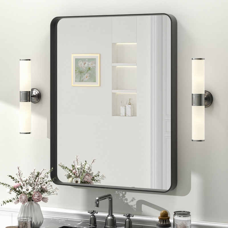 Molly Tempered Glass and Metal Framed French Cleat Mounted Wall Bathroom / Vanity Mirror, Black, 30'' x 24'', Rectangle 