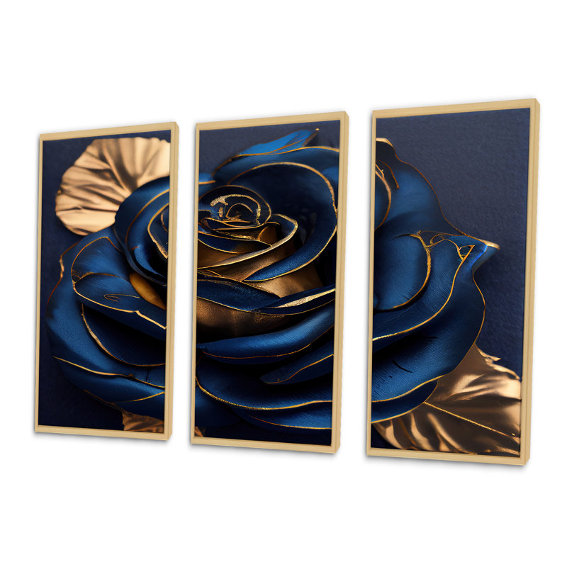 «Gilded Rose in Kings Blue III», reproduction de cadre flottant sur toile 3 pièces, H 28 po x l 36 po x P 1 po, Naturel