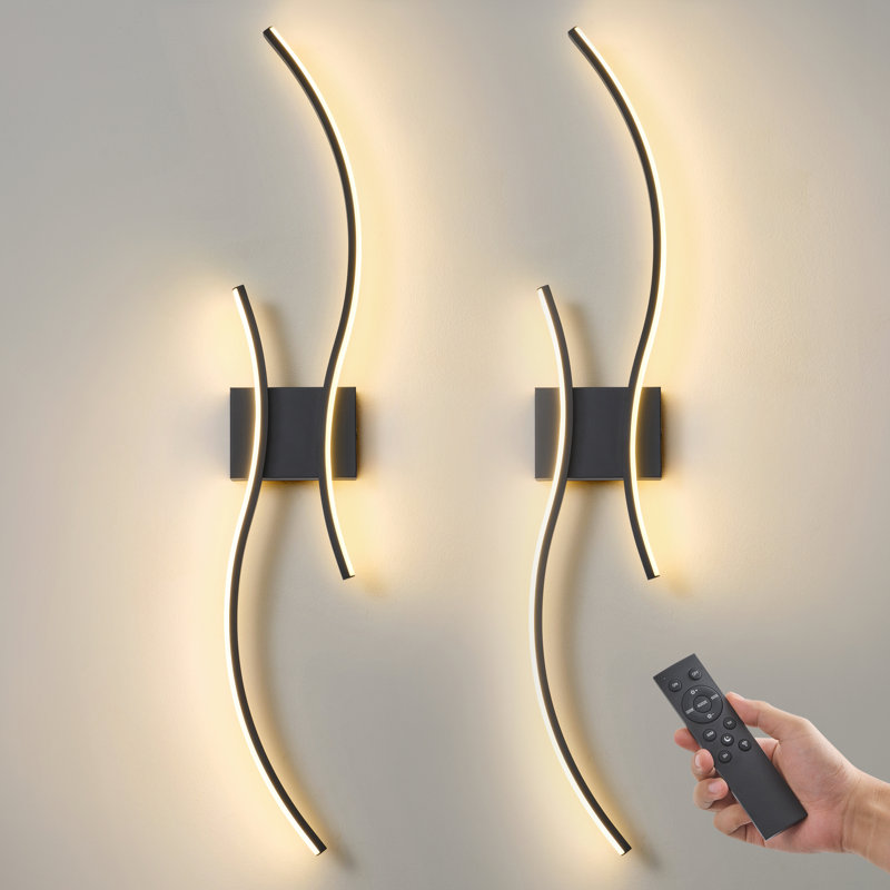 Ensemble de 2 appliques murales à piles avec télécommande, non câblées à DEL encastrées, Matte Black, 23.6 Inch