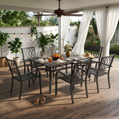 7-Piece Outdoor Patio Dining Set 63" x 38" Rectangular Patio Furniture Set Black Metal Frame Wood Grain Tabletop with Umbrella Hole