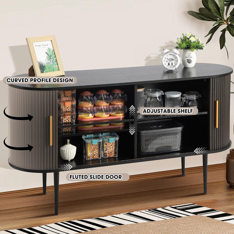 Black Oak 55" Sideboard Cabinet with Fluted Tambour Doors