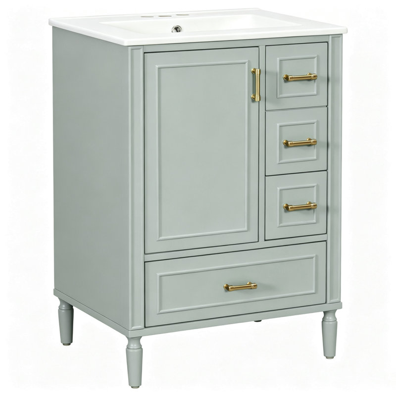 Meuble-lavabo moderne de 24 po avec lavabo en céramique, porte à fermeture douce, 3 tiroirs, poignées dorées et support de porte pour un rangement peu encombrant