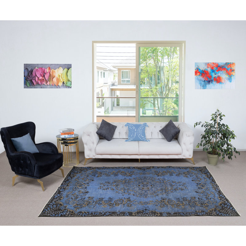 Tapis turc contemporain fait à la main de couleur bleue avec motif de médaillon 5,6 x 9 pi