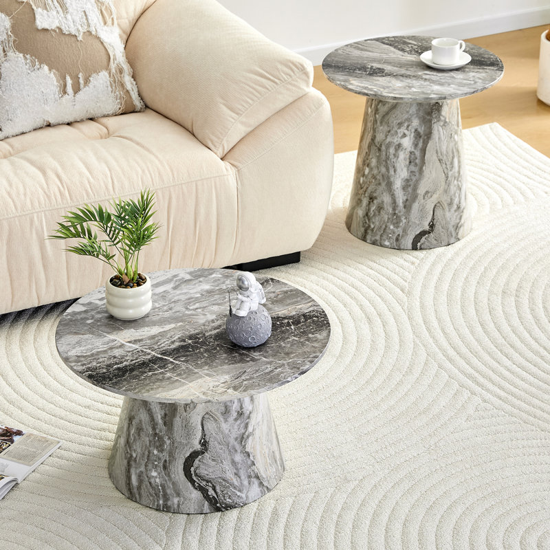 Table basse emboîtable grise, ronde pour accent de salon, pieds réglables de 19,6 po et 23,6 po, capacité de 300 livres, table de placage à assemblage rapide, espace de bureau