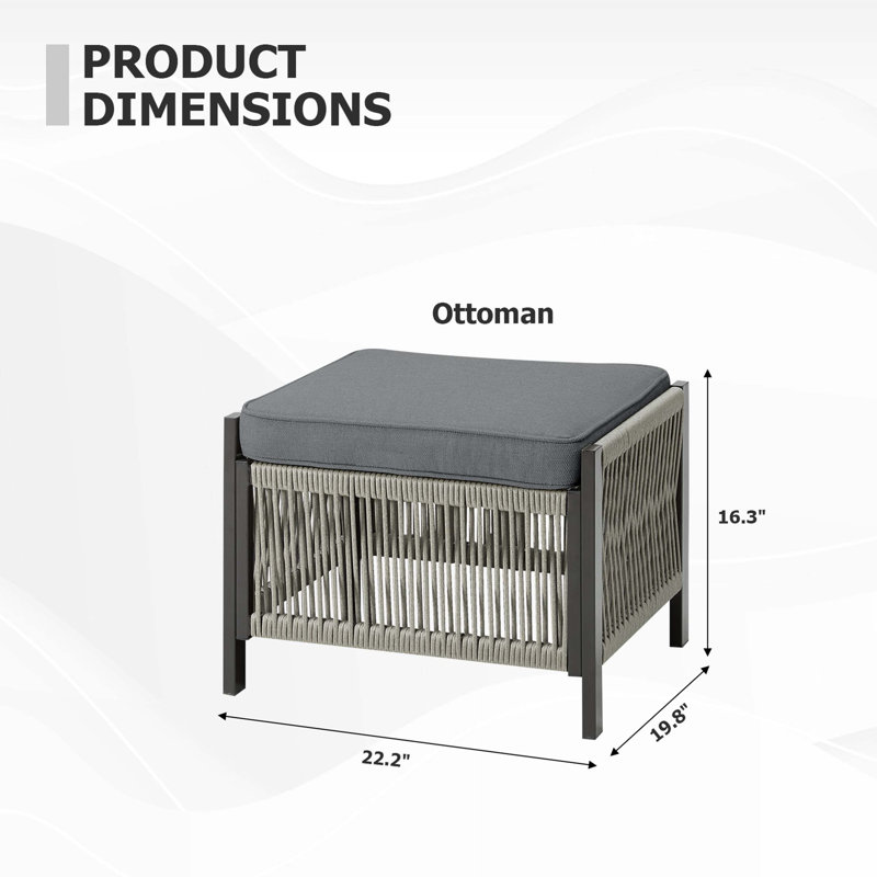 Ensemble de 2 repose-pieds d'extérieur en osier PE avec coussins gris, repose-pieds toutes saisons pour patios, terrasses et jardins.