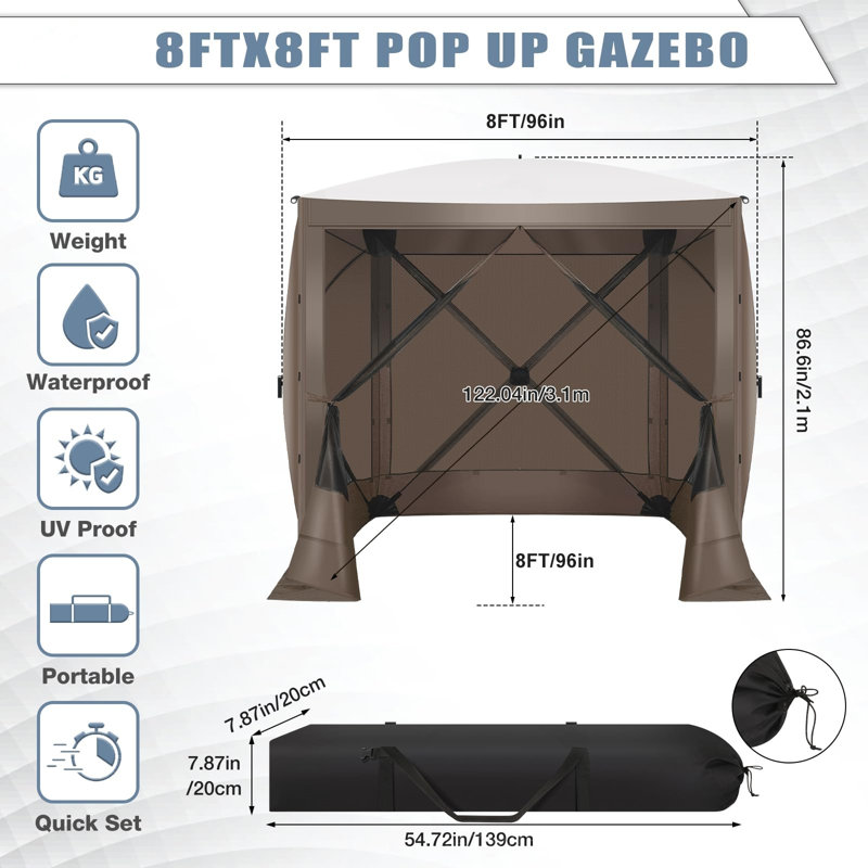6x6FT Camping Gazebo Screen Tent,  Sided Pop-up Canopy Shelter with Mesh Windows, Brown