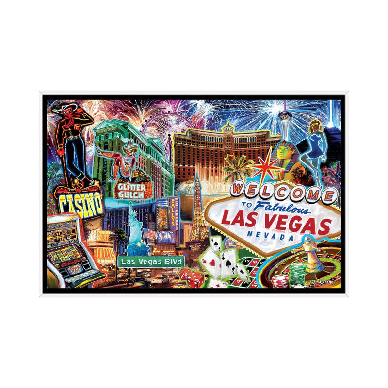 Las Vegas Pop Art by P.D. Moreno - Print on Canvas, White Framed, 152.5 cm H x 101.5 cm W