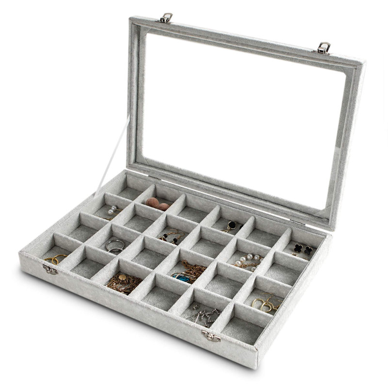 Plateau de rangement pour bijoux avec couvercle transparent 24 grilles avec tiroir en velours et boîte de rangement pour bijoux avec couvercle en verre