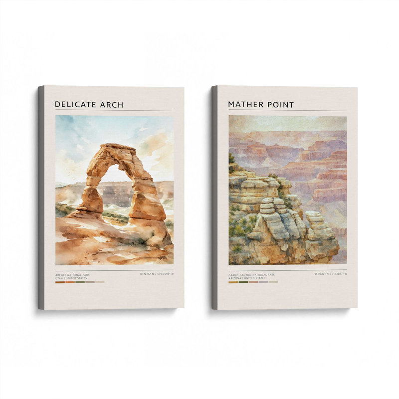 Delicate Arch & Mather Point, ensemble de 2 impressions sur toile, 18 po x 12 po, Toile tendue