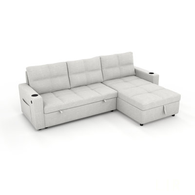 Convertible Fabric Sofa Bed, Pullout Sectional Sleeper With USB Charging & Cup Holders, L-Shape With Storage For Living Room