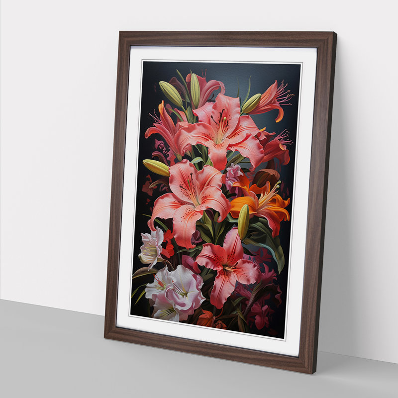 Floral Hard Edge Painting No.2 - Single Picture Frame Print on Wood, Walnut, 46cm H x 34cm W x 2cm D