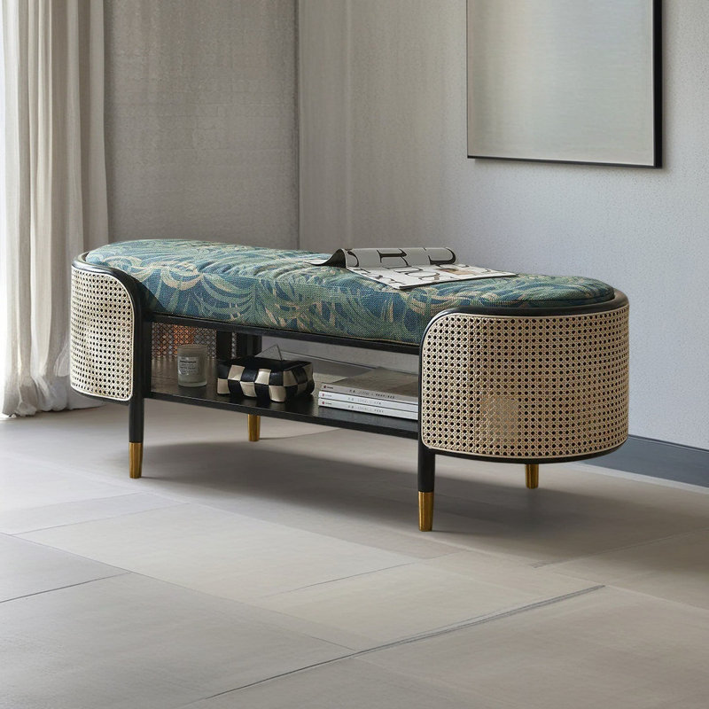 Banc de rangement rétro vintage en bois massif, rotin et lin-coton pour la maison et le salon, Bleu / floral beige