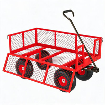 Heavy Duty Steel Garden Cart Wagon – 500 lbs Capacity, Removable Mesh Sides, Flexible Handle, Outdoor Utility for Lawn, Garden, Red | 500 lbs | Pantone 186C (HEX #E03C31)