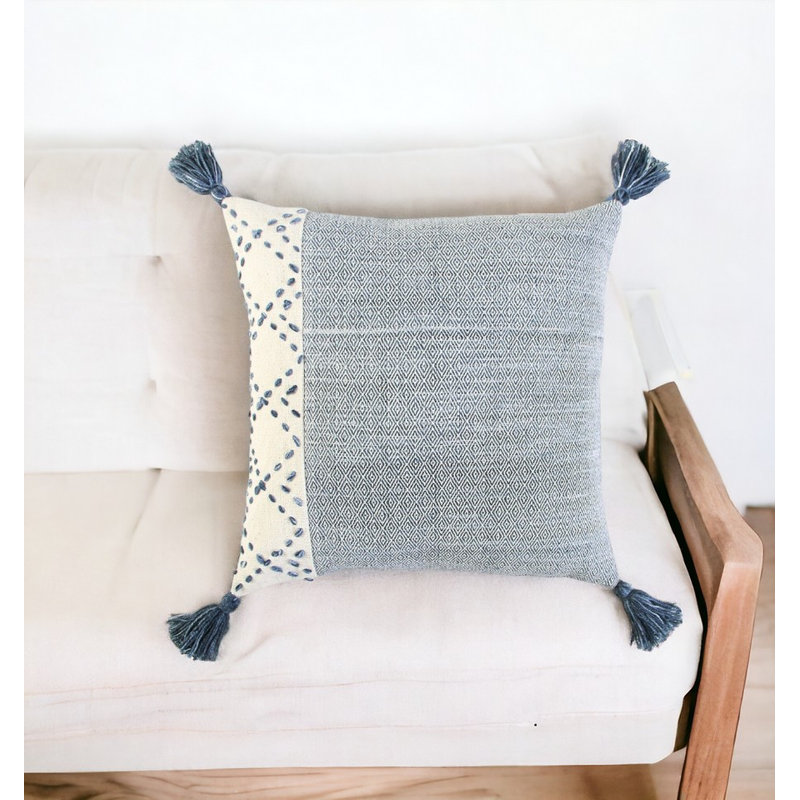 20" Cotton Throw Pillow, Ivory/Blue