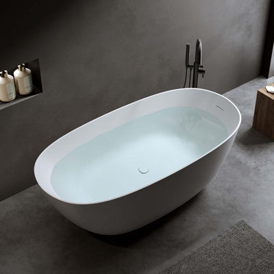 Baignoire de trempage autoportante en résine et à surface solide avec trop-plein et bonde escamotable en blanc
