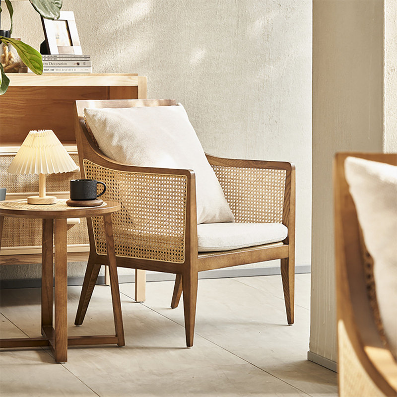 Fauteuil, fauteuil d'appoint avec coussin et dossier en rotin