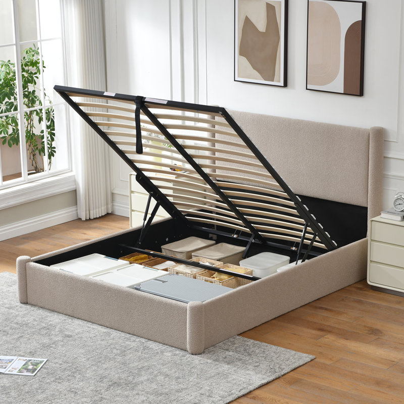 Lit plateforme tapissier avec rangement Braya Luxury Boucle, Bouclé blanc, Grand lit