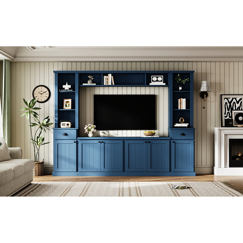 Meuble télé moderne bleu avec pont pour téléviseur de 75 po, tablettes réglables tout-en-un, unité de divertissement mural