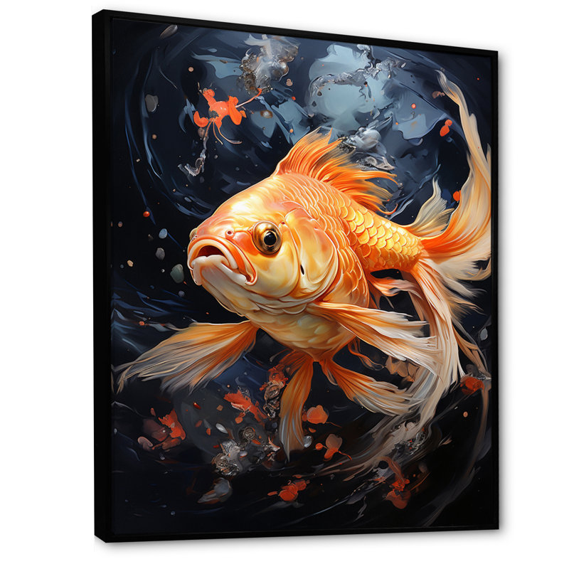 Asian Golden Carp Glowing II - reproduction d'art sur toile, H 32 po x l 16 po x P 1 po, Cadre flottant noir