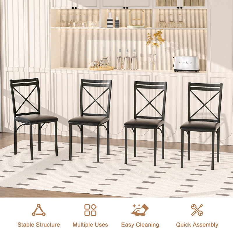 Kasandra Dining Chairs Set of 4, Modern Farmhouse X-Back Kitchen Chairs Set with Faux Leather Seat, Metal Cross Back Side Chairs for Dining Room, Kitchen, Apartment, Restaurant