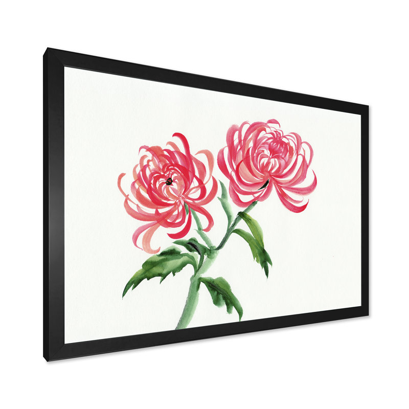 Fleur de chrysanthème rétro - peinture sur toile, H 30 po x l 40 po x 1,5 po, Toile avec cadre noir