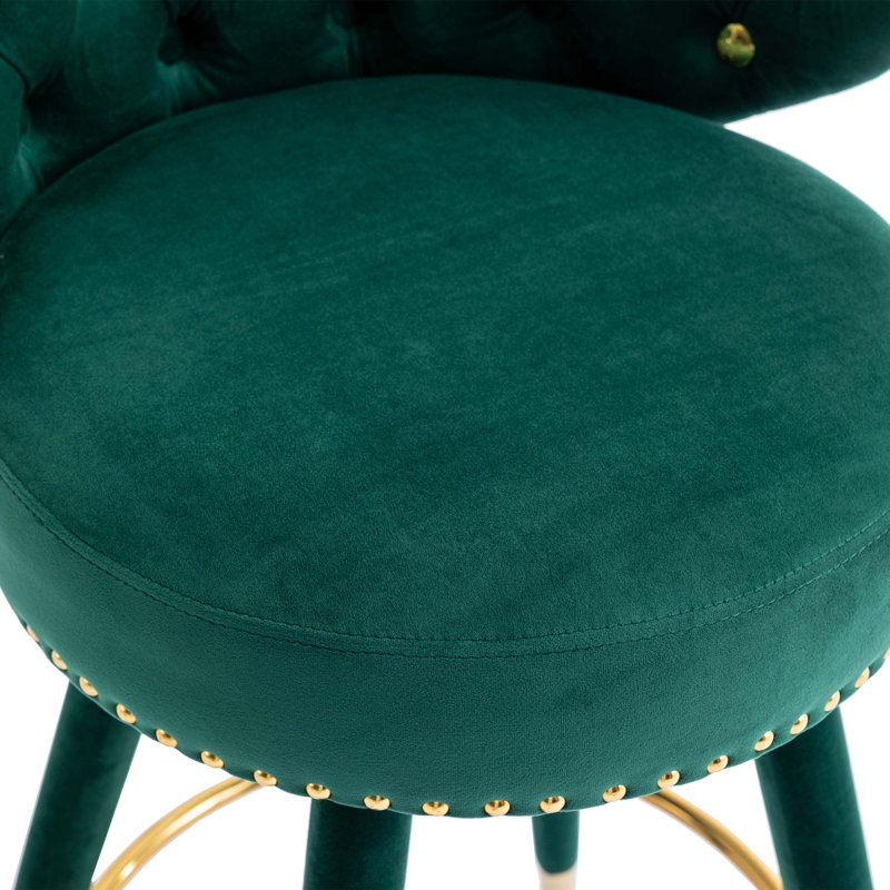 Green Velvet Swivel Counter Height Bar Stools with Gold Accents