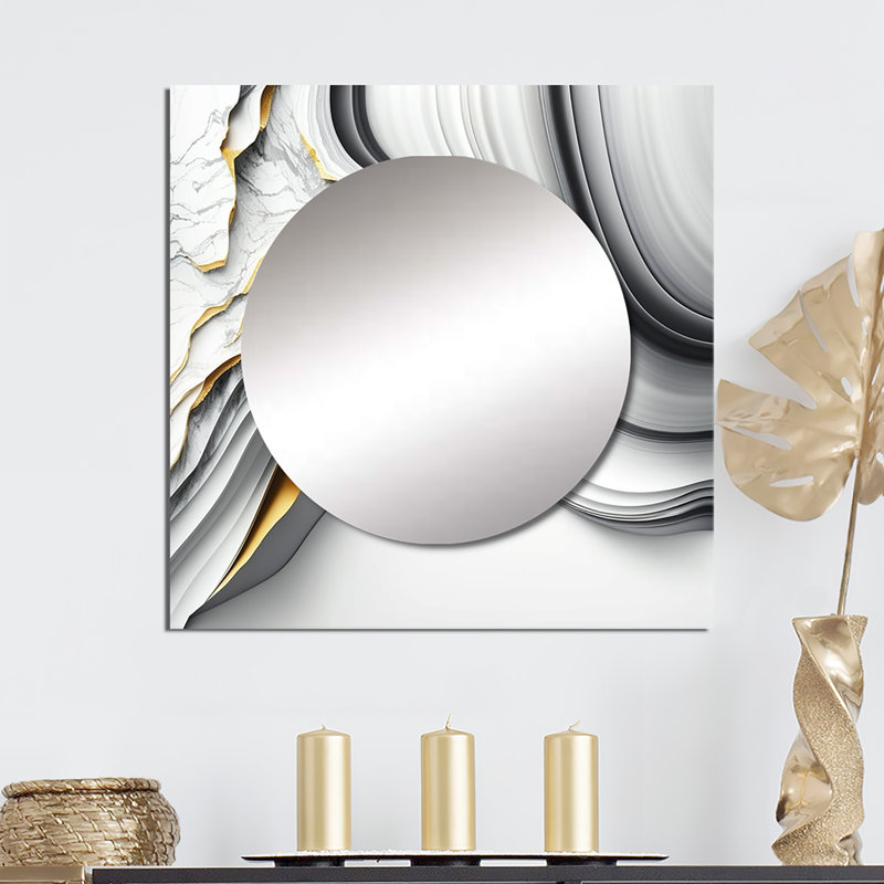 Miroir abstrait à vagues géométriques grises I, 29 po x 29 po