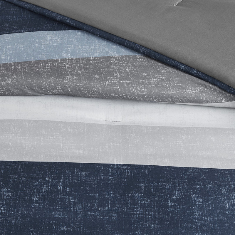 Cozy Comforter With Navy Blue Grey Microfiber Stripe Sheets - Softness Bedroom Pattern Soft And Warm