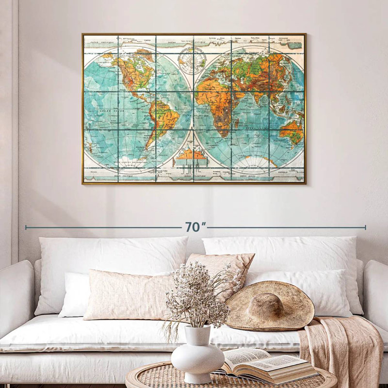 Globe World Map, 46" X 31", Floating Frame Gold