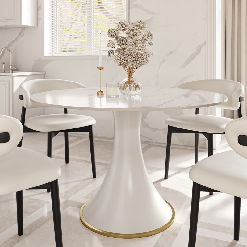 Modern White Round Dining Table Bistro Table Breakfast Nook Table For 2/4, 29.52"H x 39.37"L x 39.37"W, Snowy White