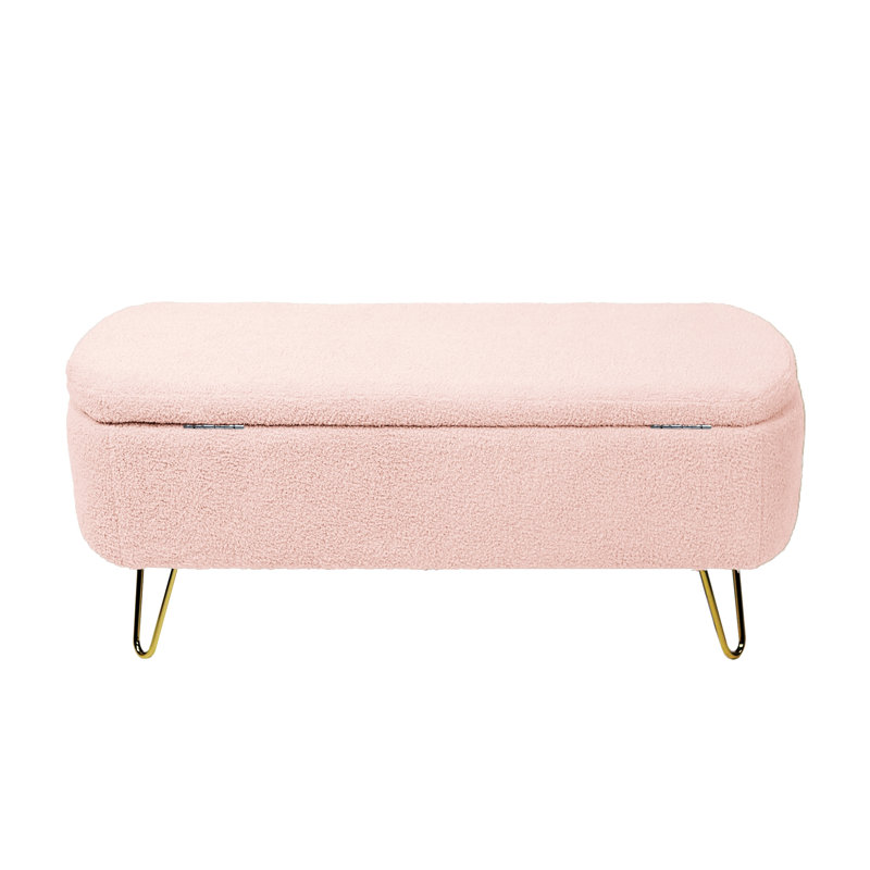 Deshondra Upholstered Ottoman, Storage Bench with a Safety Hinge, Pink Faux Fur
