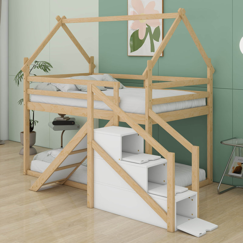 Lit superposé simple au-dessus de simple avec glissade et escalier, structure de lit mezzanine / lit superposé en bois avec rangement