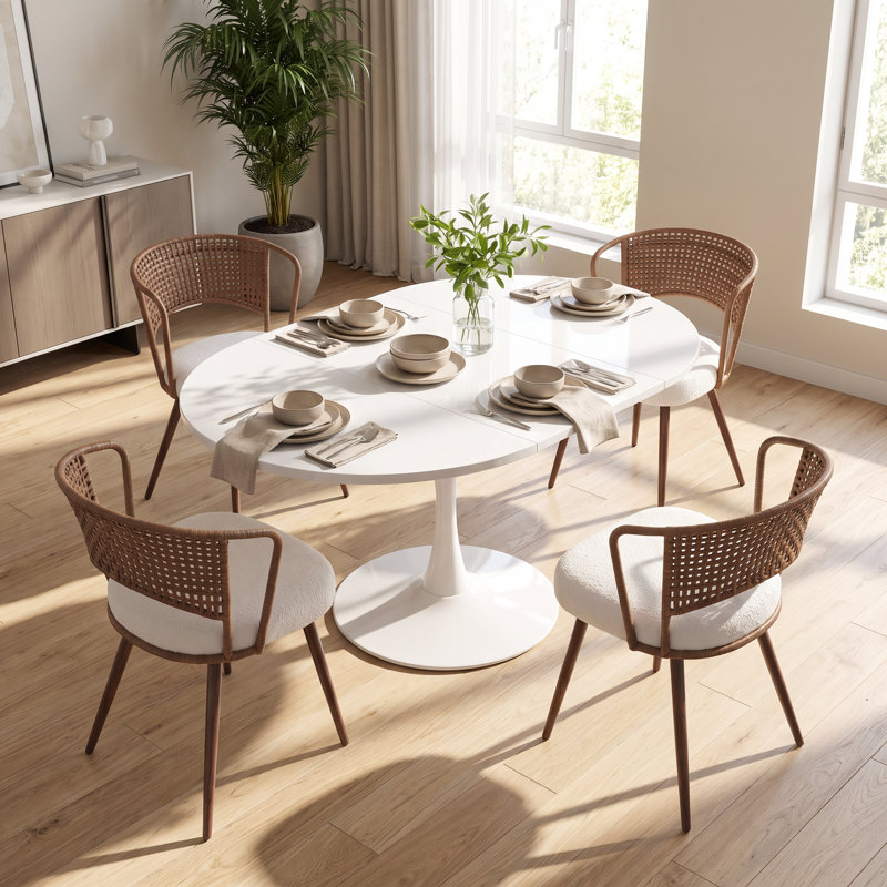 Table de salle à manger extensible ovale avec base en piédestal en métal, sièges 4-6, blanc, Blanc
